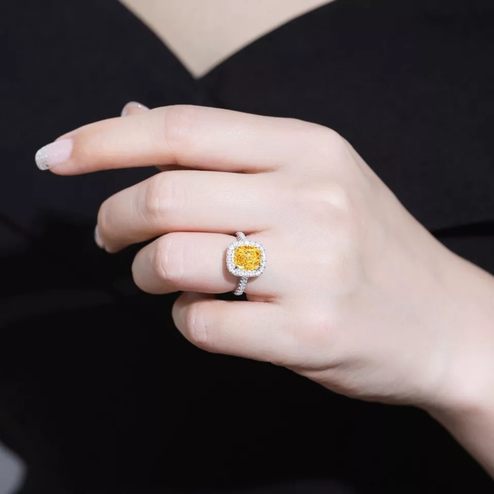 Charm Silver Rectangle Amber Diamond Ring